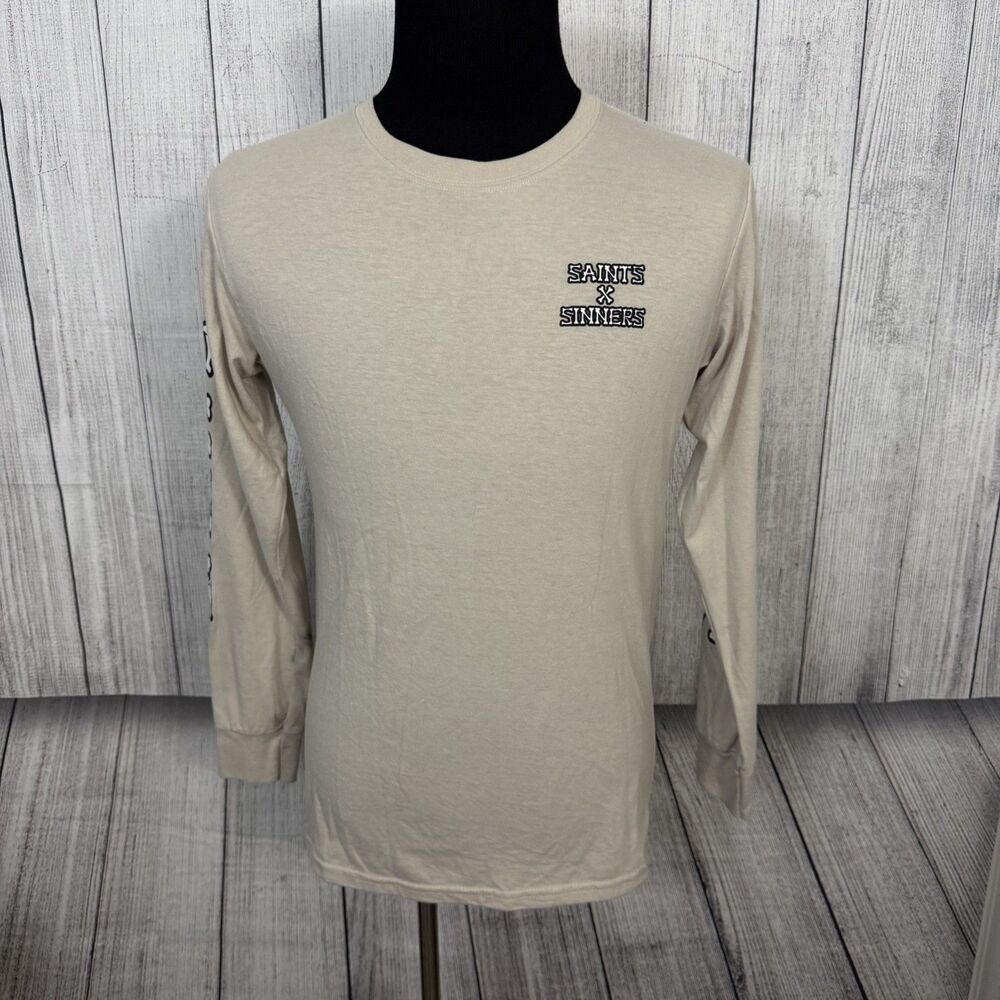 GSTR Men's Medium Tan "Saints/Sinners" Long Sleeve Graphic T-Shirt Skull Bones